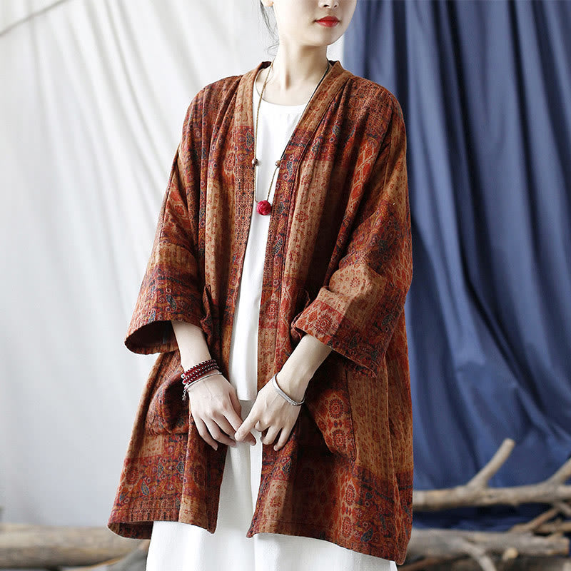 Buddha Stonesオレンジフラワージオメトリックプリントコットンオープンフロントジャケット(ポケット付き) - image 24