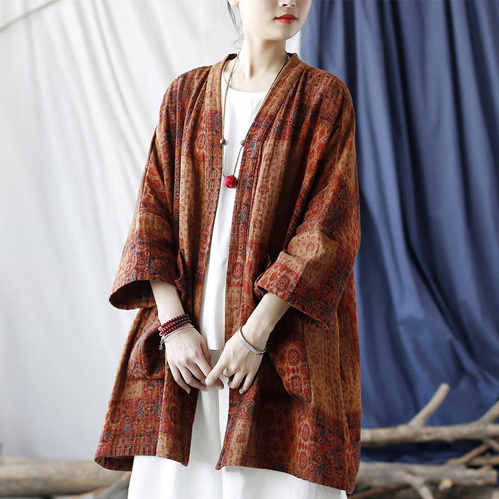 Buddha Stonesオレンジフラワージオメトリックプリントコットンオープンフロントジャケット(ポケット付き) - image 24