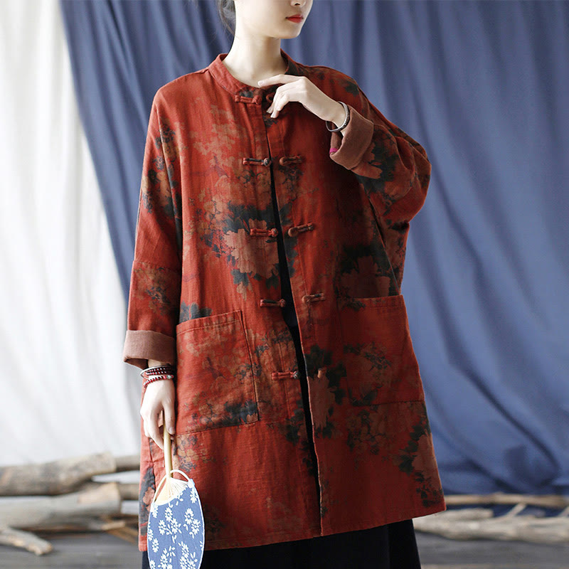 Buddha Stonesオレンジ牡丹花コットンリネンフロッグボタンオープンフロントジャケット ポケット付き - image 1