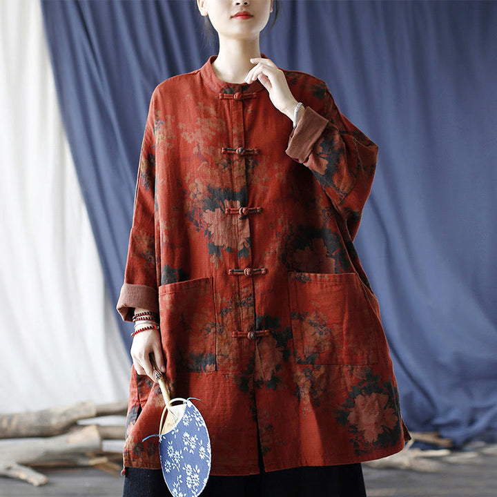 Buddha Stonesオレンジ牡丹花コットンリネンフロッグボタンオープンフロントジャケット ポケット付き - image 22