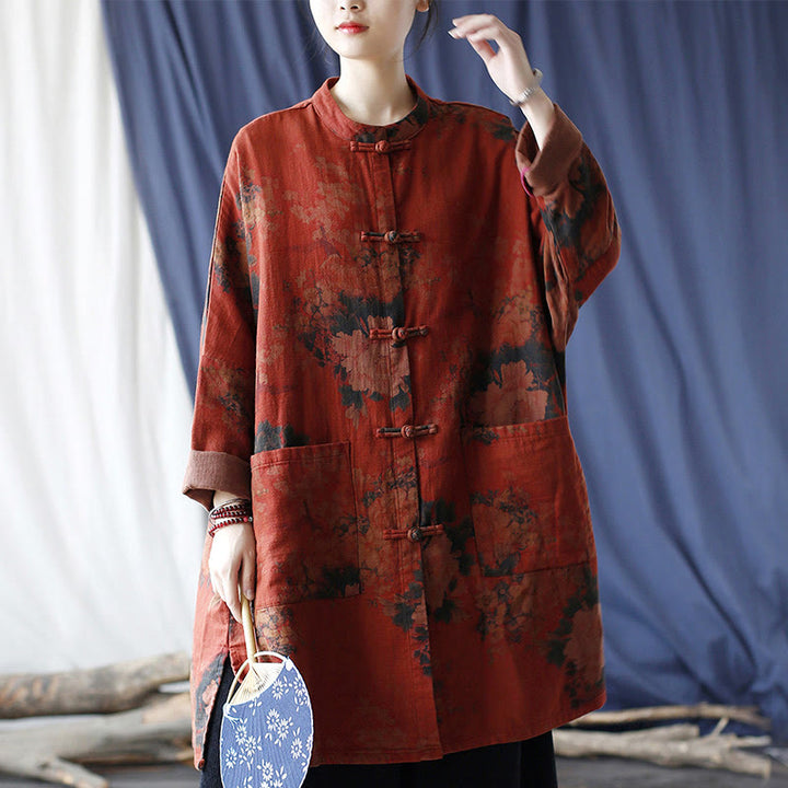 Buddha Stonesオレンジ牡丹花コットンリネンフロッグボタンオープンフロントジャケット ポケット付き - image 23