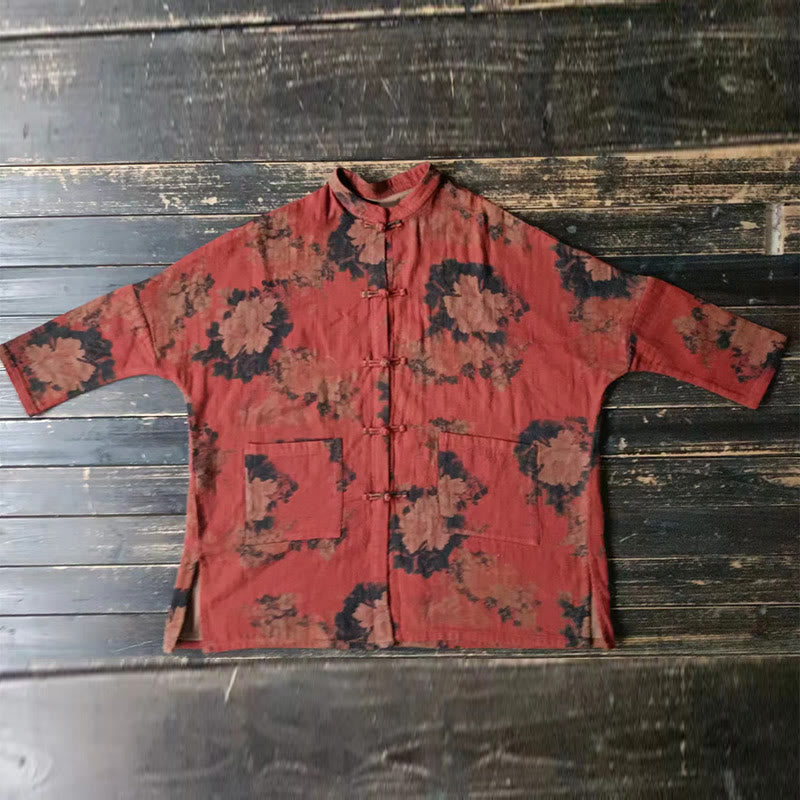 Buddha Stonesオレンジ牡丹花コットンリネンフロッグボタンオープンフロントジャケット ポケット付き - image 13