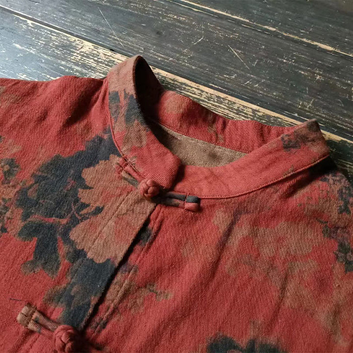 Buddha Stonesオレンジ牡丹花コットンリネンフロッグボタンオープンフロントジャケット ポケット付き - image 8