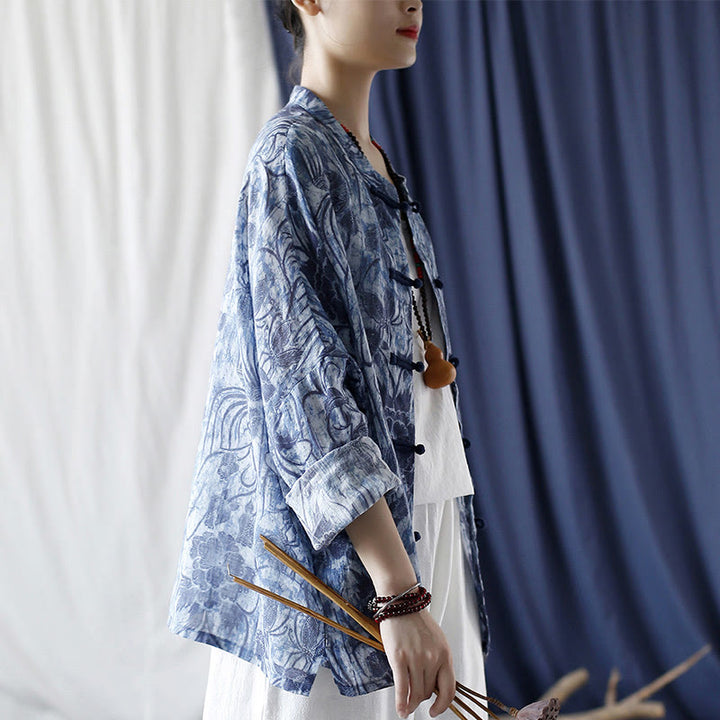 Buddha Stonesレトロブルーホワイトフラワーフロッグボタンデザイン長袖ラミーリネンジャケットシャツ - image 2