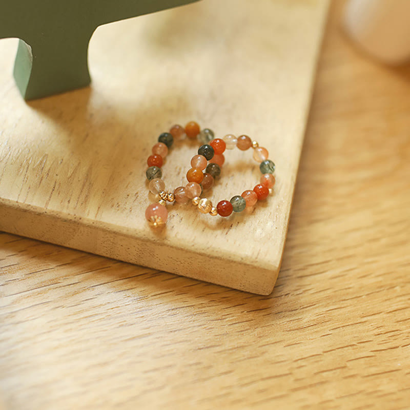 Buddha Stones14K 金メッキ 銅製 福禄寿 クリスタル ピーチムーンストーン 幸福 富 リング