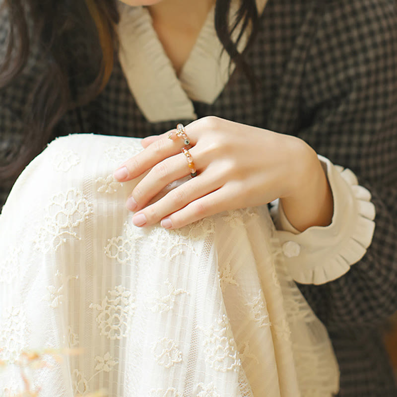 Buddha Stones14K 金メッキ 銅製 福禄寿 クリスタル ピーチムーンストーン 幸福 富 リング