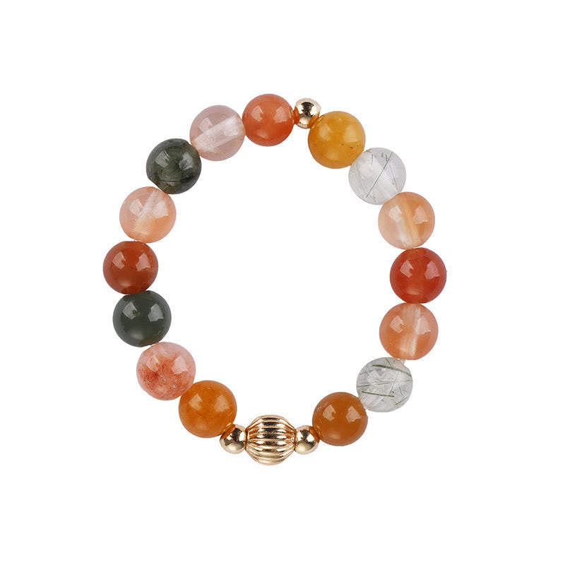 Buddha Stones14K 金メッキ 銅製 福禄寿 クリスタル ピーチムーンストーン 幸福 富 リング