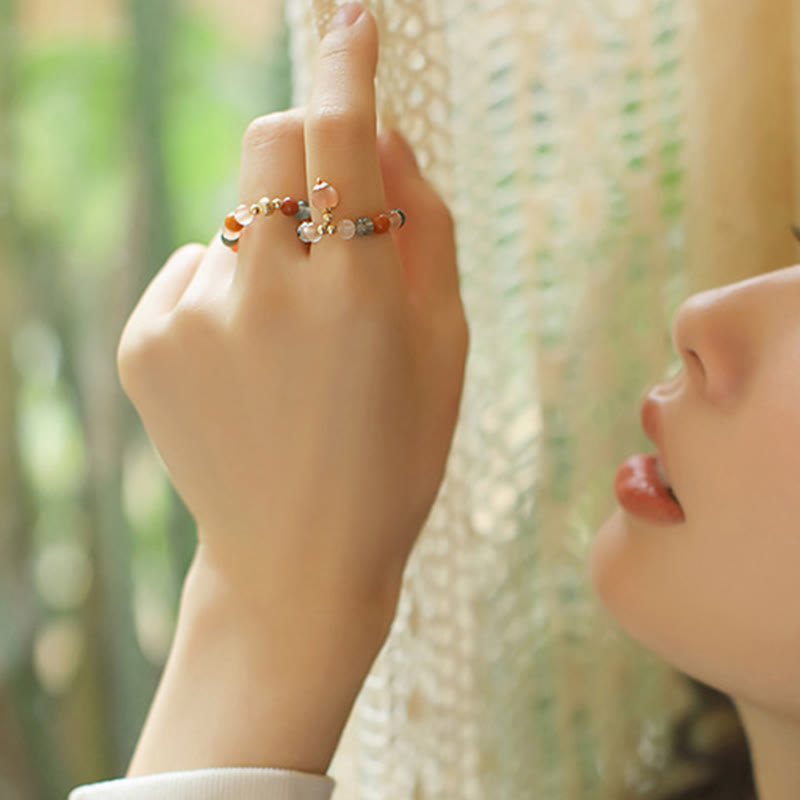 Buddha Stones14K 金メッキ 銅製 福禄寿 クリスタル ピーチムーンストーン 幸福 富 リング