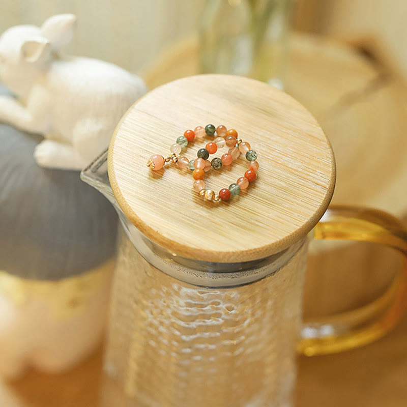 Buddha Stones14K 金メッキ 銅製 福禄寿 クリスタル ピーチムーンストーン 幸福 富 リング