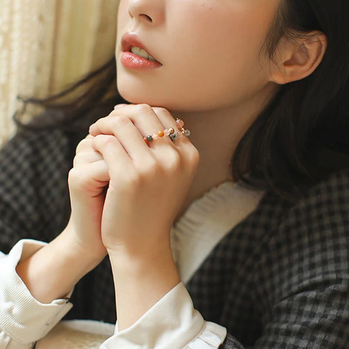 Buddha Stones14K 金メッキ 銅製 福禄寿 クリスタル ピーチムーンストーン 幸福 富 リング