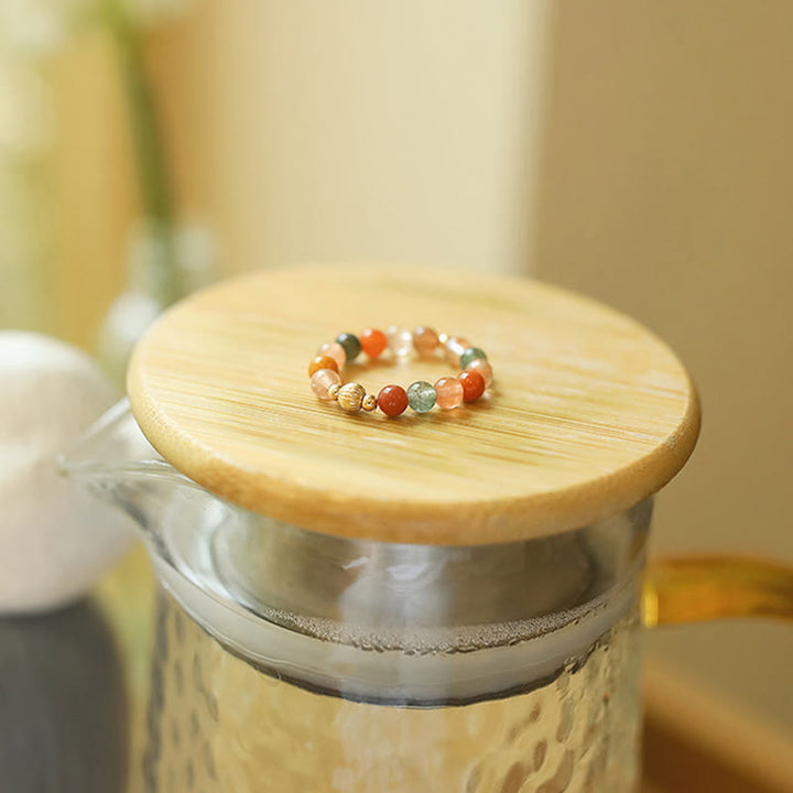 Buddha Stones14K 金メッキ 銅製 福禄寿 クリスタル ピーチムーンストーン 幸福 富 リング