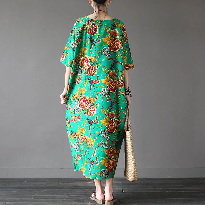 Buddha Stonesレッド ピオニー フラワー プリント ミディドレス ハーフスリーブ コットンリネンドレス