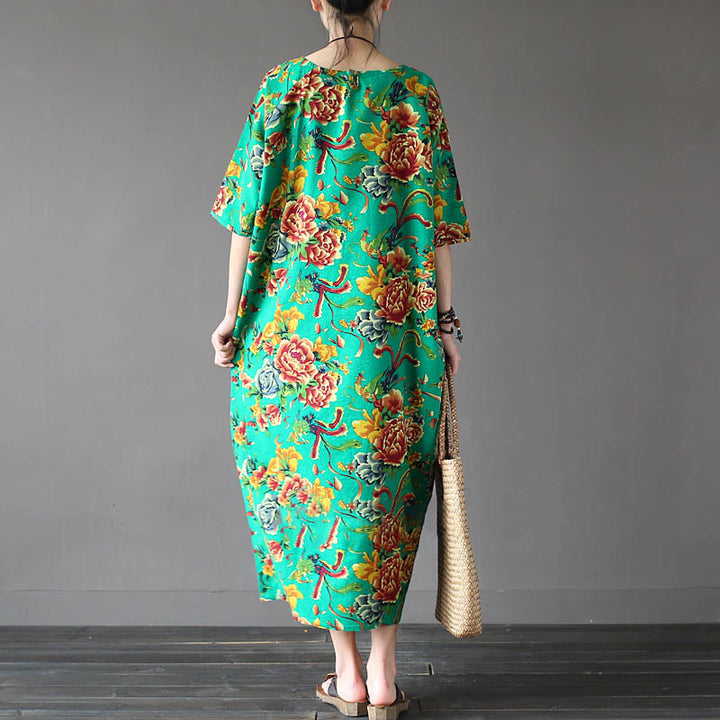 Buddha Stonesレッド ピオニー フラワー プリント ミディドレス ハーフスリーブ コットンリネンドレス