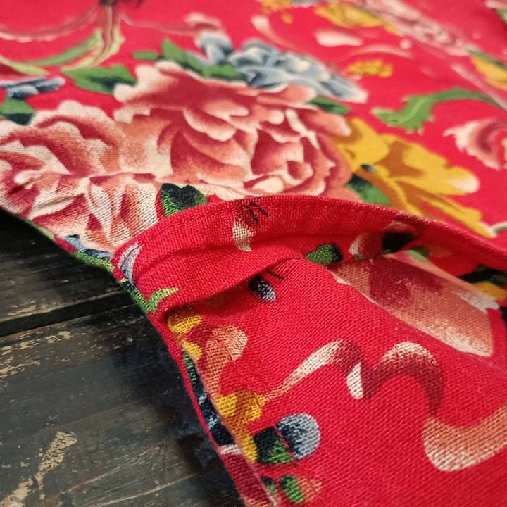 Buddha Stonesエスニックスタイル北東部レッドフラワー牡丹プリントコットンリネンレースアップジャケット