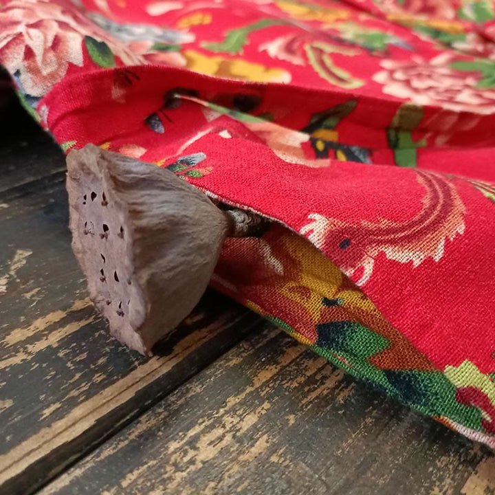 Buddha Stonesエスニックスタイル北東部レッドフラワー牡丹プリントコットンリネンレースアップジャケット