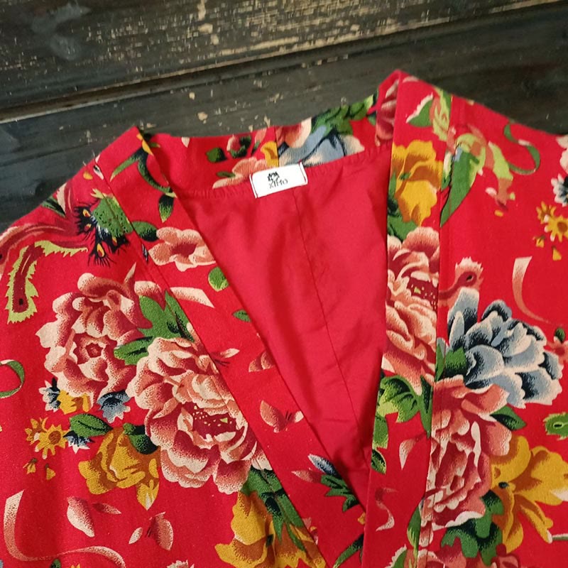 Buddha Stonesエスニックスタイル北東部レッドフラワー牡丹プリントコットンリネンレースアップジャケット