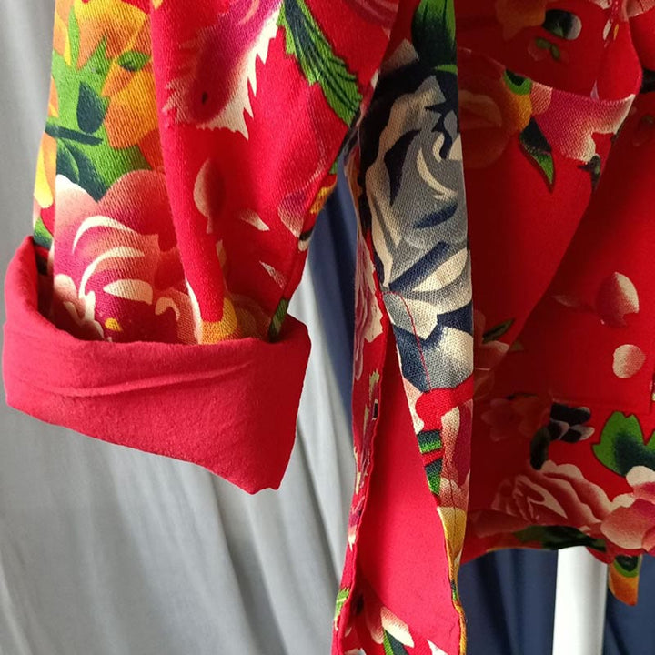 Buddha Stonesエスニックレッドフラワー牡丹カエルボタンコットンリネン長袖シャツジャケットポケット付き