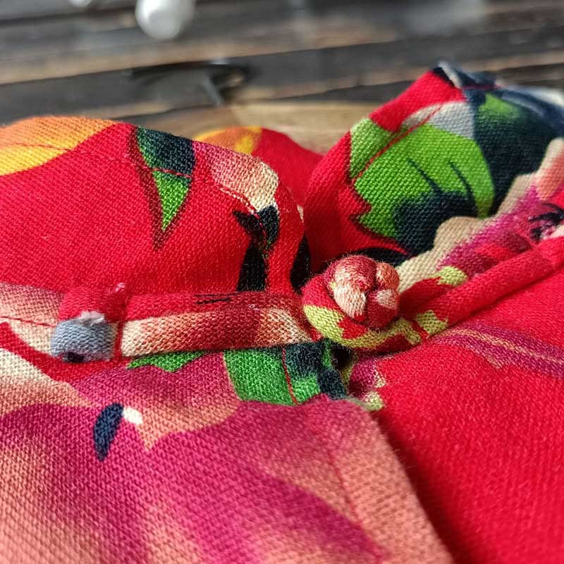 Buddha Stonesエスニックレッドフラワー牡丹カエルボタンコットンリネン長袖シャツジャケットポケット付き