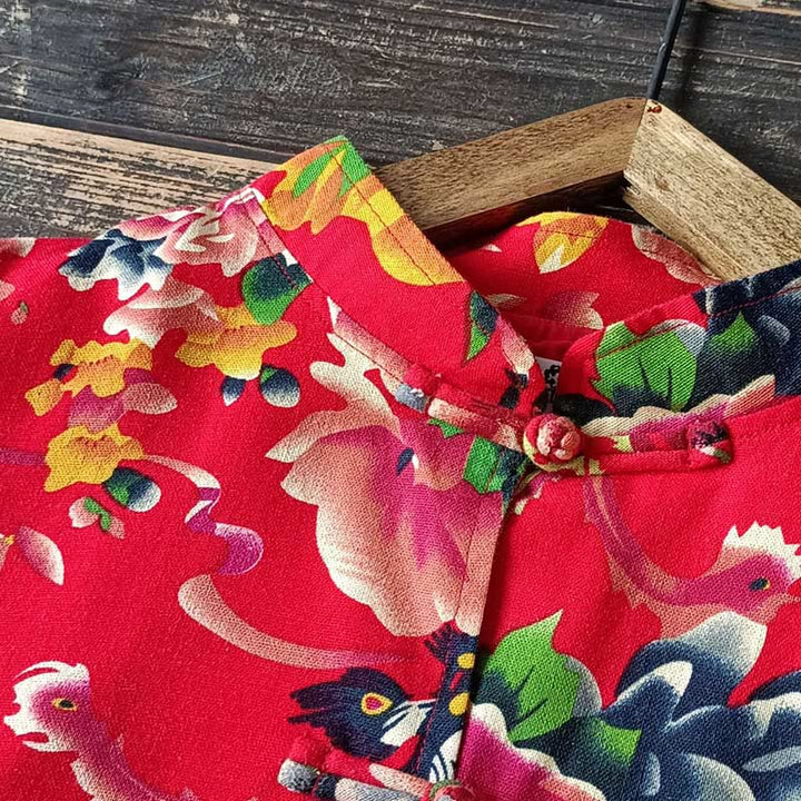 Buddha Stonesエスニックレッドフラワー牡丹カエルボタンコットンリネン長袖シャツジャケットポケット付き