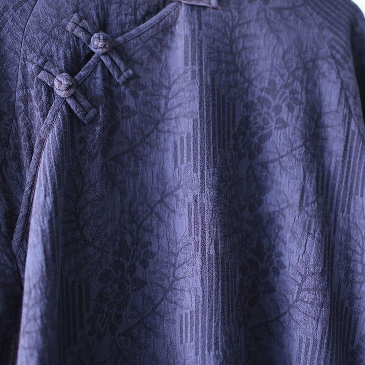 Buddha Stonesフラワージャカードミディドレス 長袖コットンリネンドレス ワイドレッグパンツ ポケット付き