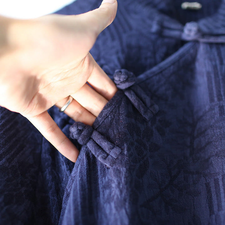 Buddha Stonesフラワージャカードミディドレス 長袖コットンリネンドレス ワイドレッグパンツ ポケット付き