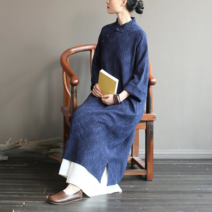 Buddha Stonesフラワージャカードミディドレス 長袖コットンリネンドレス ワイドレッグパンツ ポケット付き