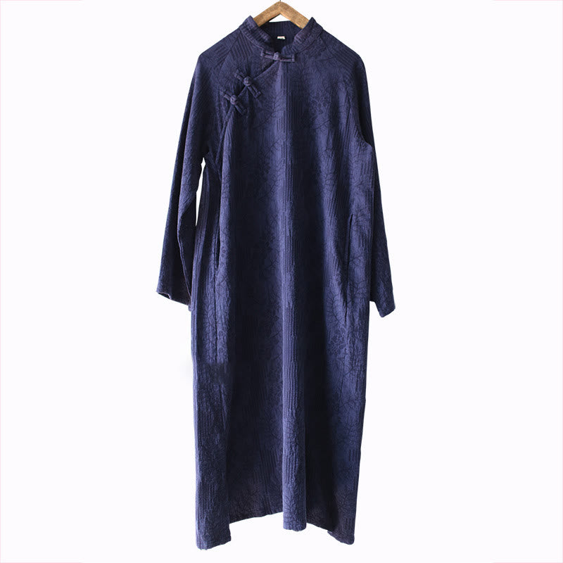 Buddha Stonesフラワージャカードミディドレス 長袖コットンリネンドレス ワイドレッグパンツ ポケット付き