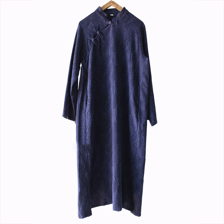 Buddha Stonesフラワージャカードミディドレス 長袖コットンリネンドレス ワイドレッグパンツ ポケット付き