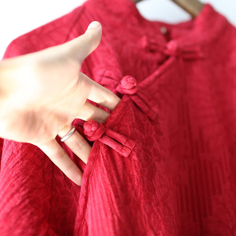 Buddha Stonesフラワージャカードミディドレス 長袖コットンリネンドレス ワイドレッグパンツ ポケット付き