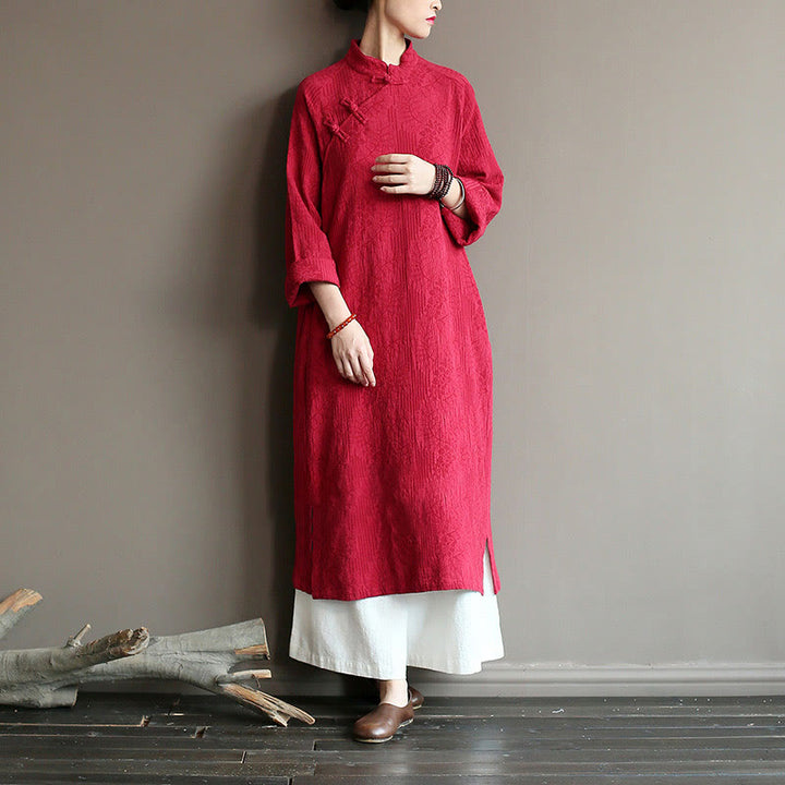 Buddha Stonesフラワージャカードミディドレス 長袖コットンリネンドレス ワイドレッグパンツ ポケット付き