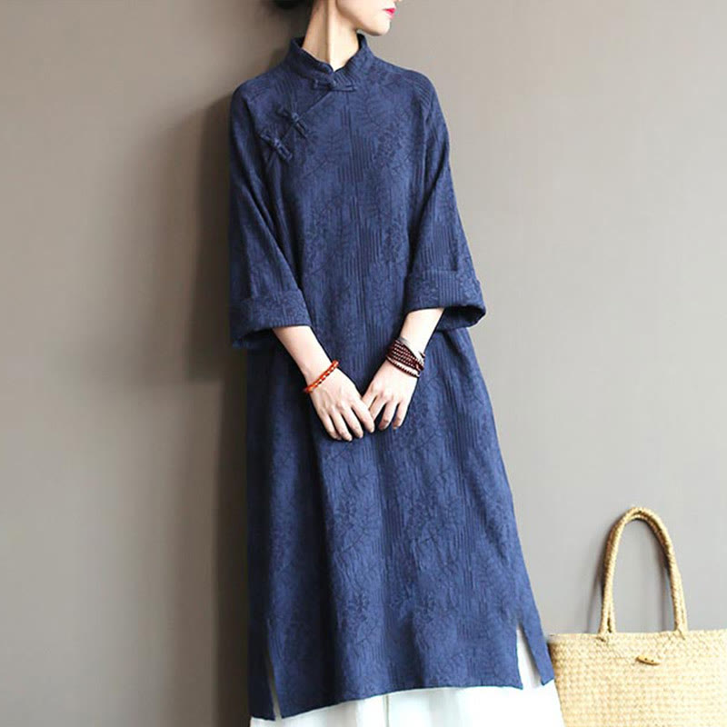 Buddha Stonesフラワージャカードミディドレス 長袖コットンリネンドレス ワイドレッグパンツ ポケット付き