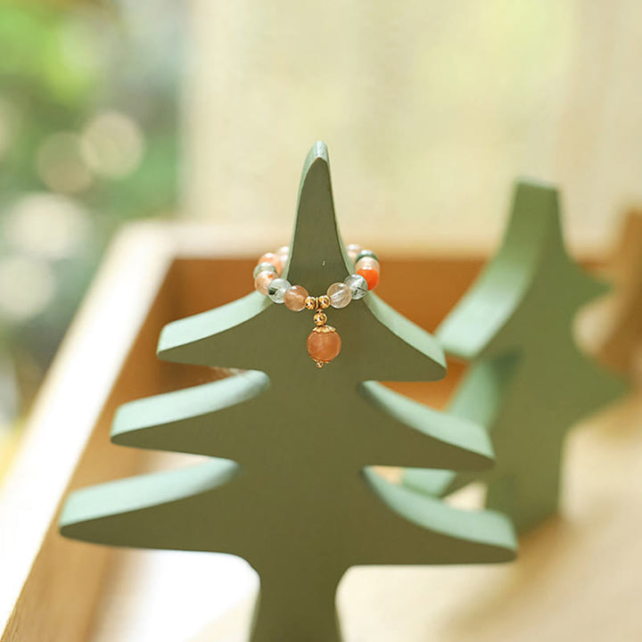 Buddha Stones14K 金メッキ 銅製 福禄寿 クリスタル ピーチムーンストーン 幸福 富 リング