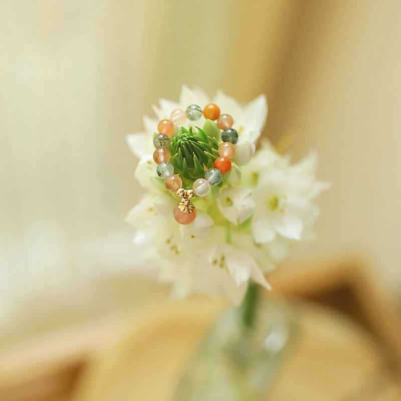 Buddha Stones14K 金メッキ 銅製 福禄寿 クリスタル ピーチムーンストーン 幸福 富 リング