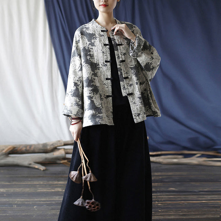 Buddha Stonesブラックグレープリント カエルボタンデザイン 長袖 コットンリネン ジャケット シャツ ポケット付き - image 30