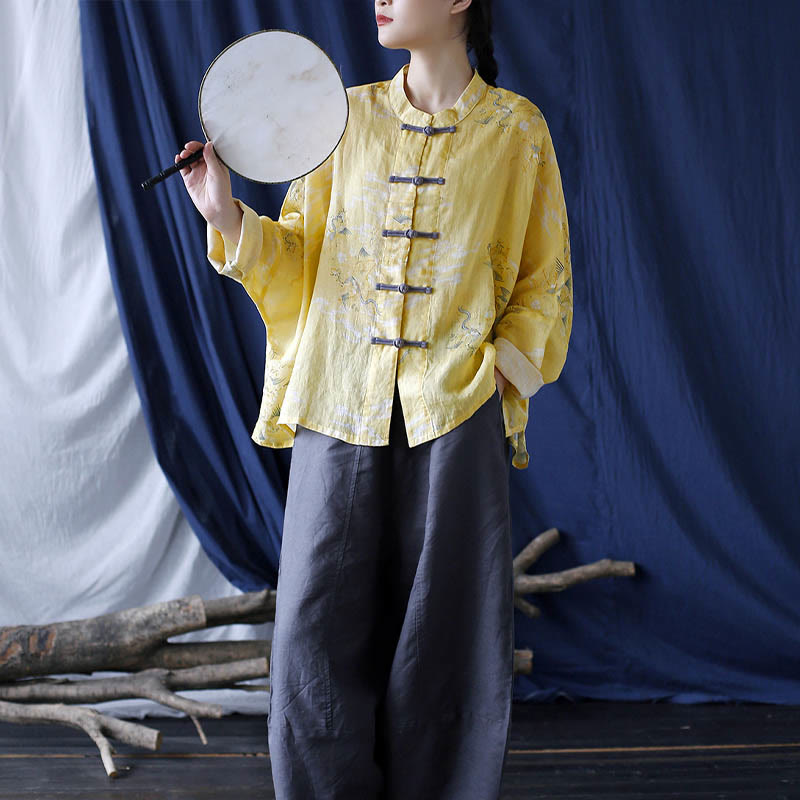 Buddha Stonesイエローフェニックスプリントカエルボタンデザイン長袖ラミーリネンジャケットシャツ - image 20