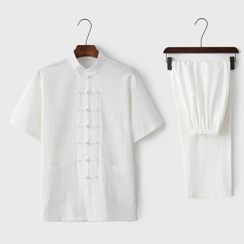 Buddha Stones無地 カエルボタン 唐装 伝統的 コットン リネン 半袖 トップス パンツ 衣類 メンズ セット - ホワイト(トップス&パンツ) - US/UK/AU44、 EU54 (4XL)  - image 5