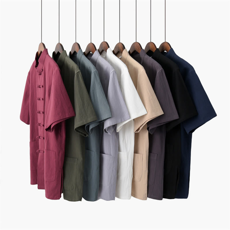 Buddha Stones無地 カエルボタン 唐装 伝統的 コットン リネン 半袖 トップス パンツ 衣類 メンズ セット - image 1