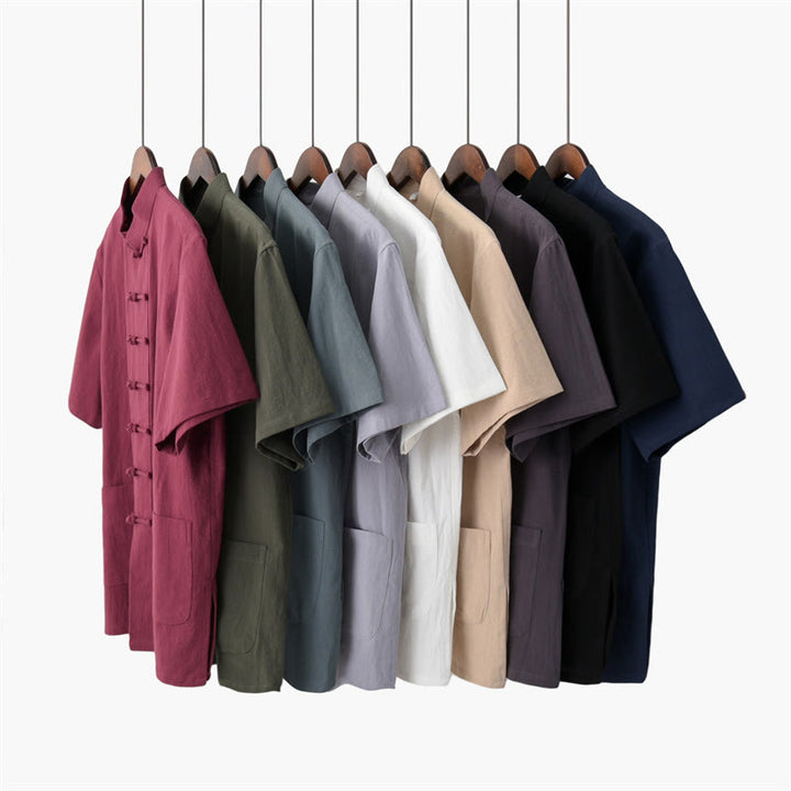 Buddha Stones無地 カエルボタン 唐装 伝統的 コットン リネン 半袖 トップス パンツ 衣類 メンズ セット - image 1