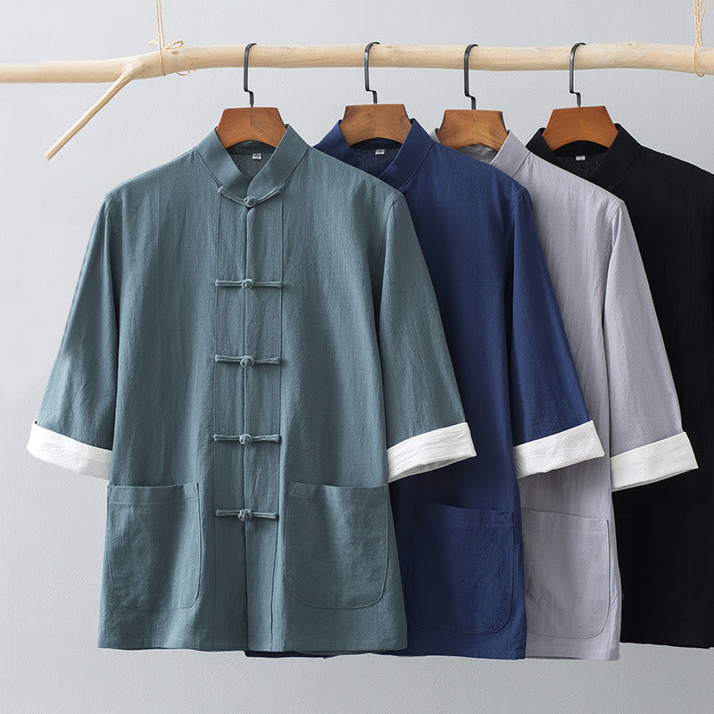 Buddha Stonesカエルボタン 中国唐装 半袖シャツ コットン メンズ ポケット付き - image 1