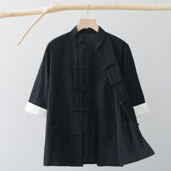 Buddha Stonesカエルボタン 中国唐装 半袖シャツ コットン メンズ ポケット付き - 黒 - US/UK/AU44、 EU54 (4XL) - image 13