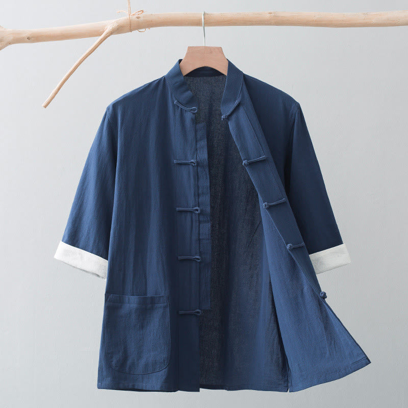 Buddha Stonesカエルボタン 中国唐装 半袖シャツ コットン メンズ ポケット付き - ネイビーブルー - US/UK/AU44、 EU54 (4XL) - image 16