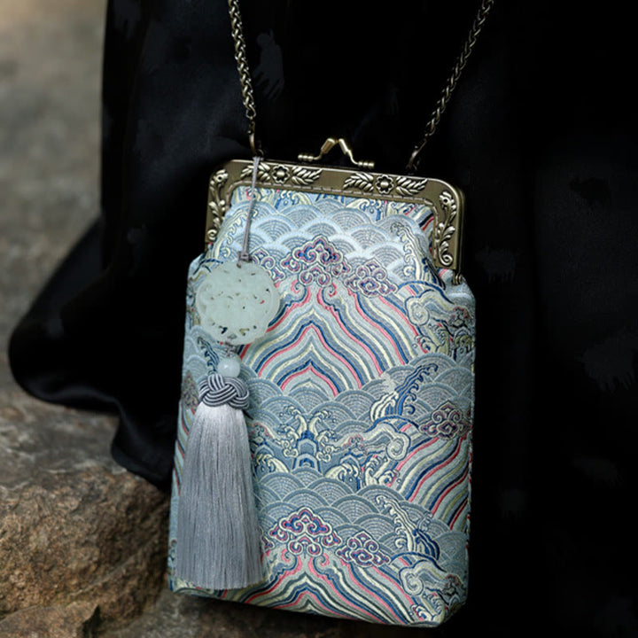 Buddha Stonesの小さな青い海の波メタルチェーンクロスボディバッグショルダーバッグ携帯電話バッグ