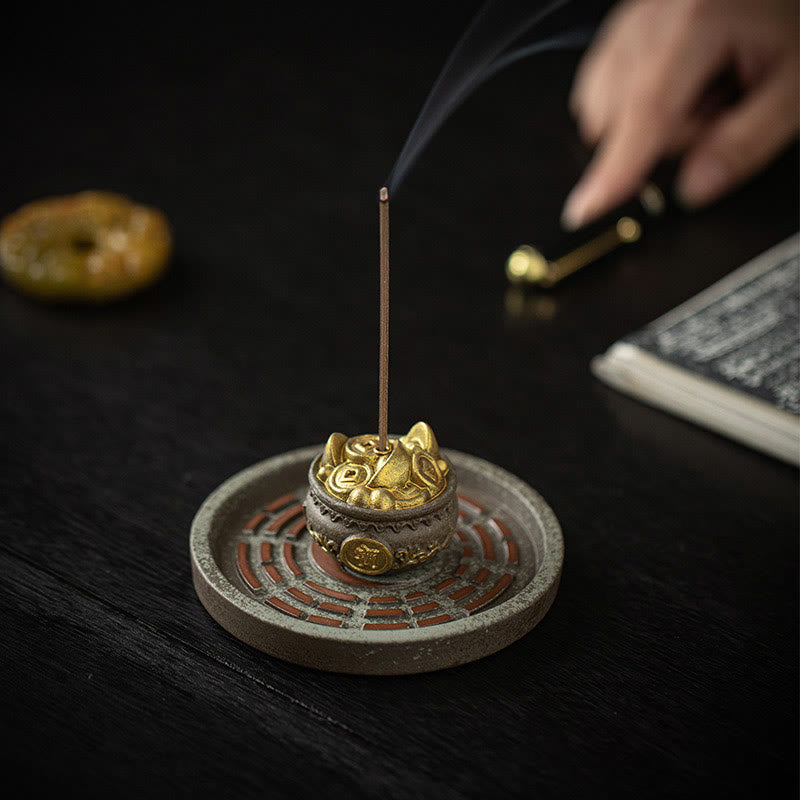 Buddha Stonesの小さな宝鉢、福袋、八卦盆、癒しの陶器スティック香炉装飾