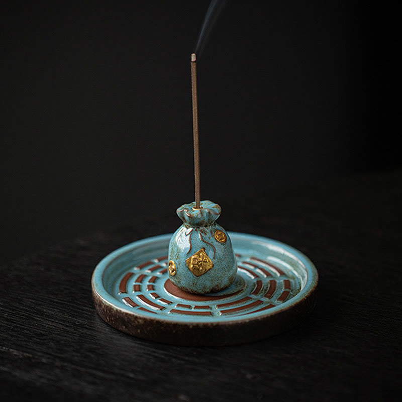 Buddha Stonesの小さな宝鉢、福袋、八卦盆、癒しの陶器スティック香炉装飾