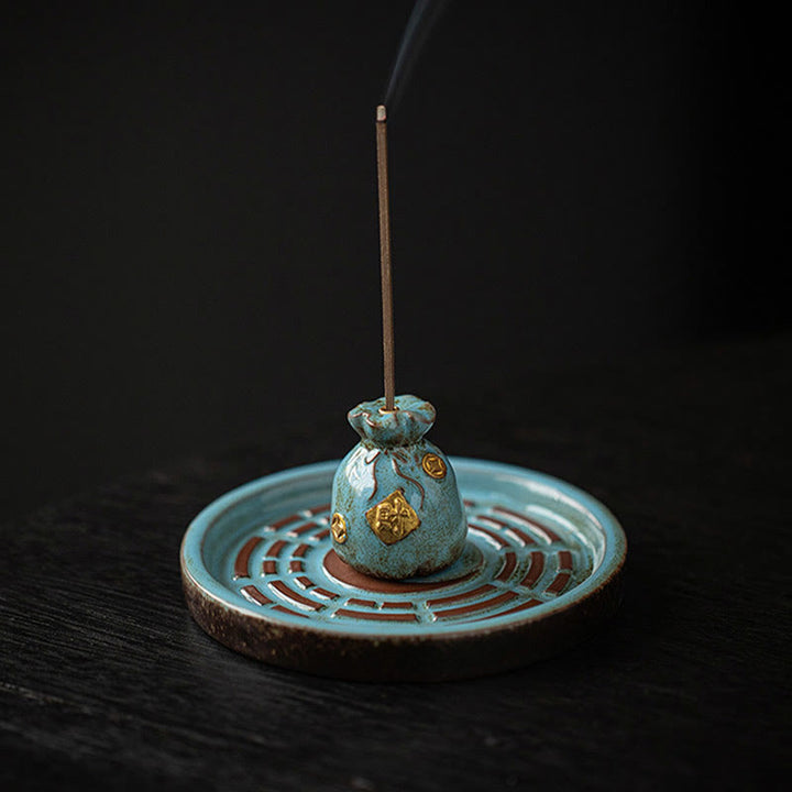 Buddha Stonesの小さな宝鉢、福袋、八卦盆、癒しの陶器スティック香炉装飾