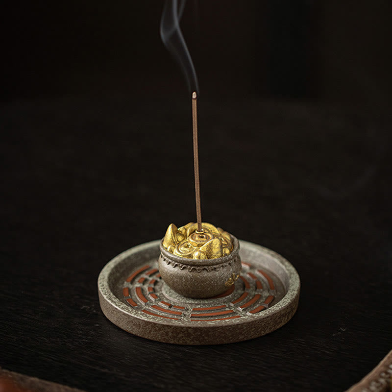 Buddha Stonesの小さな宝鉢、福袋、八卦盆、癒しの陶器スティック香炉装飾