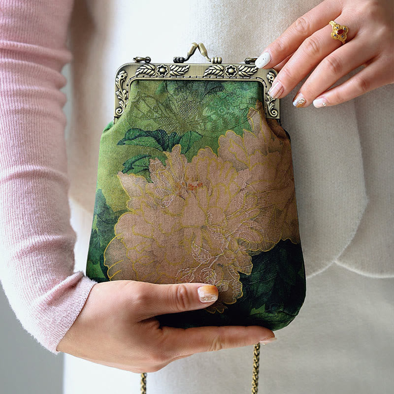 Buddha Stonesの小さな緑の牡丹の蝶のメタルチェーンクロスボディバッグショルダーバッグ携帯電話バッグ