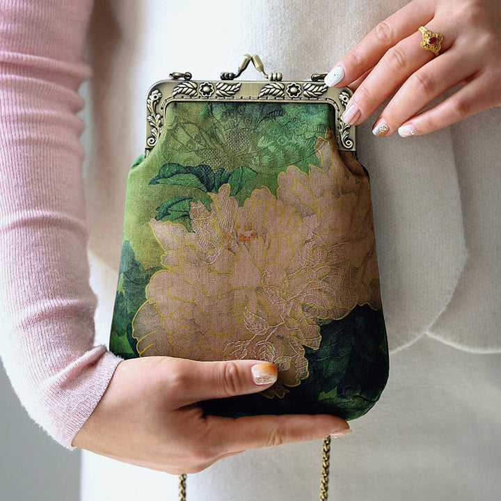 Buddha Stonesの小さな緑の牡丹の蝶のメタルチェーンクロスボディバッグショルダーバッグ携帯電話バッグ