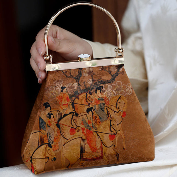 春の外出を描いた国果夫人のBuddha Stones画 金属製ハンドルハンドバッグ
