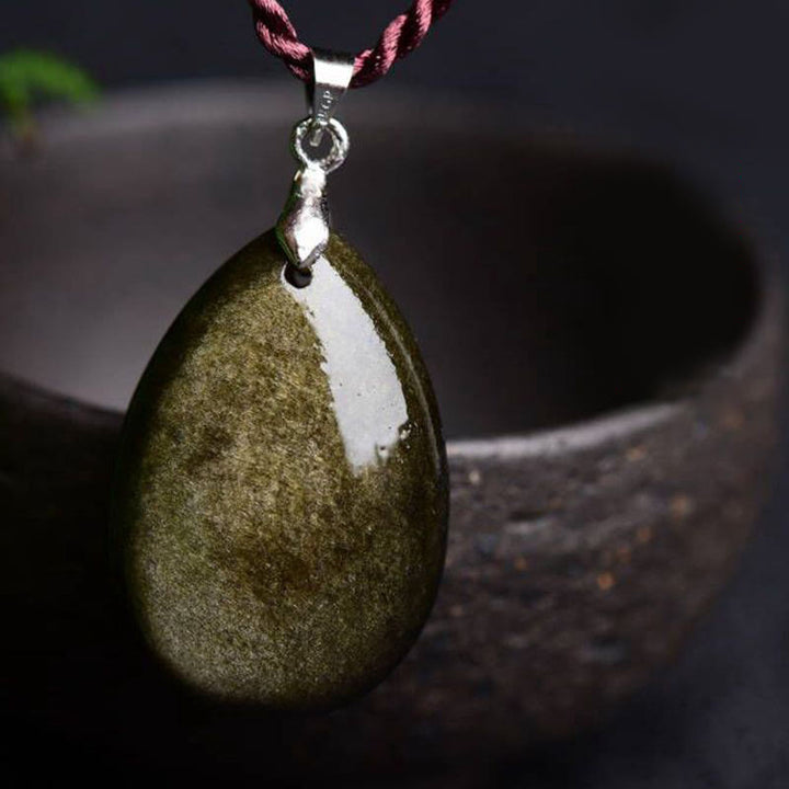 Buddha Stonesゴールドシーンオブシディアン ブラックオブシディアン レインボーオブシディアン ウェルスウォータードロップネックレスペンダント